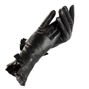 Black Leather Bow Accent Cashmere Lined Gloves